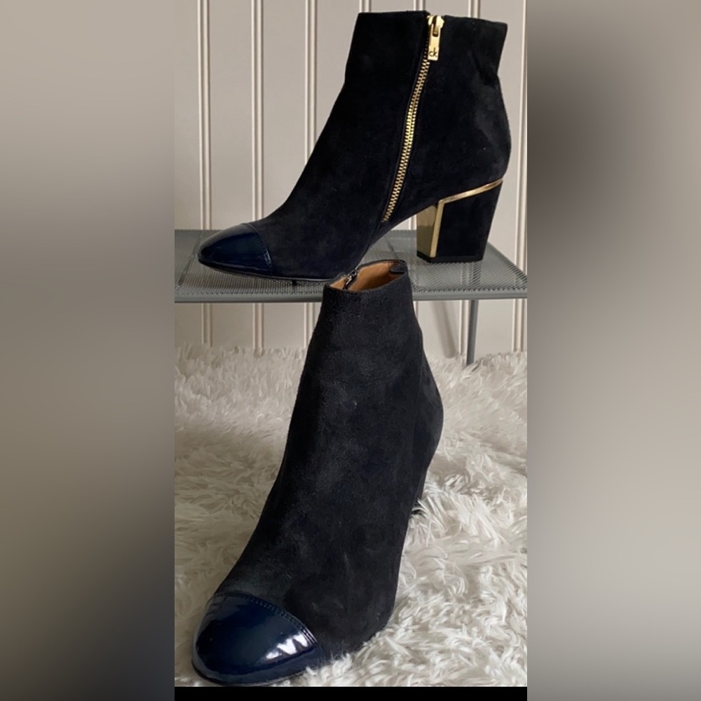 CK dark blue suede patent leather cap toe stacked heel ankle boots booties
